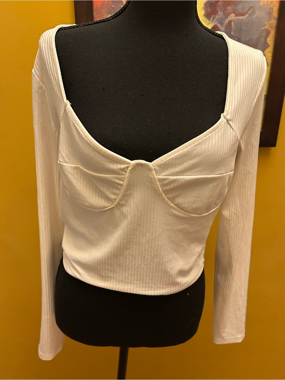 Zaful White Ribbed Slinky Long Sleeve Cropped Corset Style Top Size XL